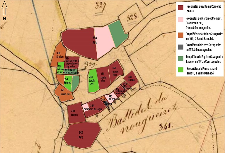 Répartition foncière et nature des propriétés de l'écart de Nougueiret en 1911. Dessin numérique réalisé à partir du cadastre napoléonien de 1841.