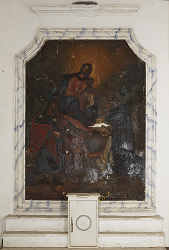 Tableau d'autel, cadre :  Donation du Rosaire à saint Roch et saint Dominique (?)