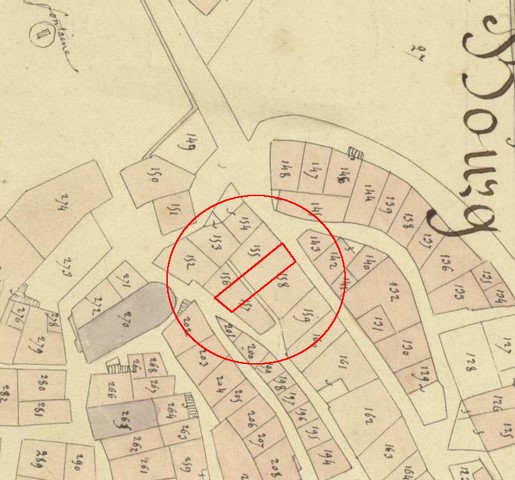 Plan de masse d'après le plan cadastral de 1839, section F1. Echelle d'origine 1/1000e.