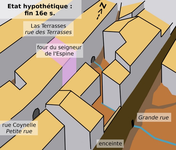 Évolution d'un îlot de la courtine est de l'enceinte. État hypothétique à la fin du 16e siècle.