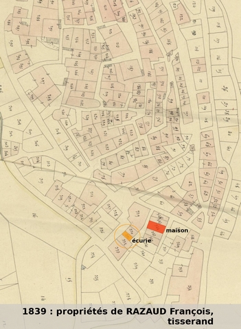 Propriétés du tisserand François Razaud en 1839, d'après le plan cadastral de 1839, section F1. Echelle d'origine 1/1000e.