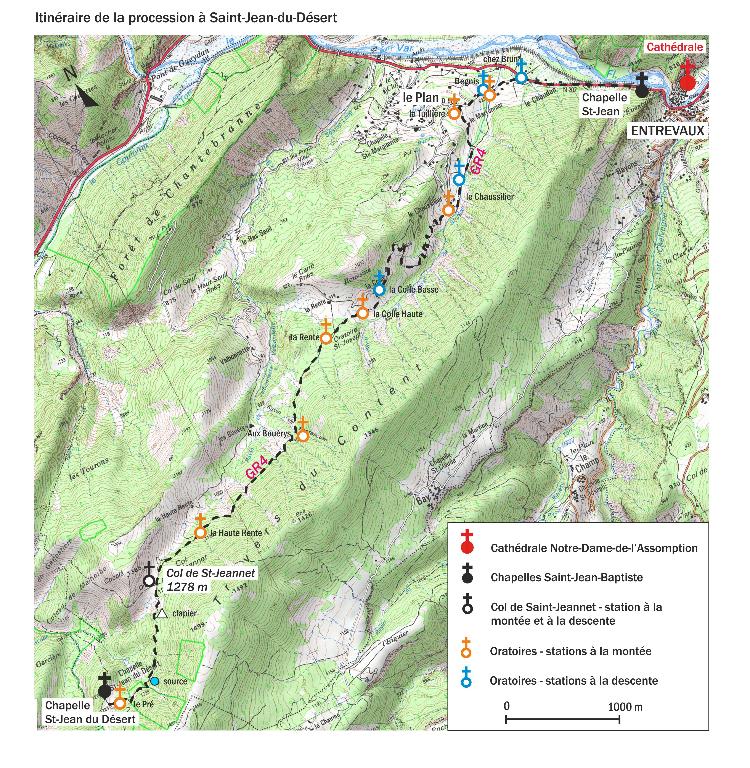 Carte figurant le circuit de la procession ainsi que les stations.