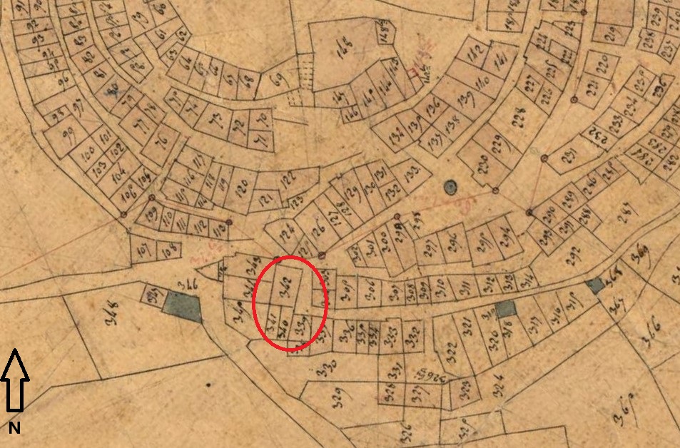 Plan de masse et de situation d'après le cadastre de 1833 (section B, parcelles 340 et 342). 