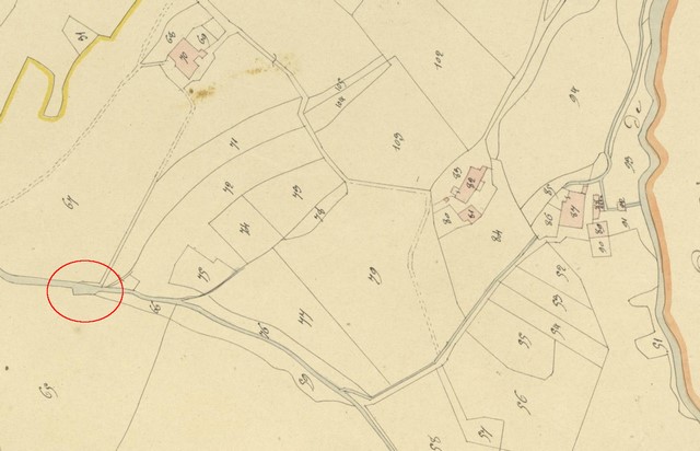 Localisation supposée du bassin d'après le cadastre de 1839 (section D13). Echelle d'origine 1/2 000e.