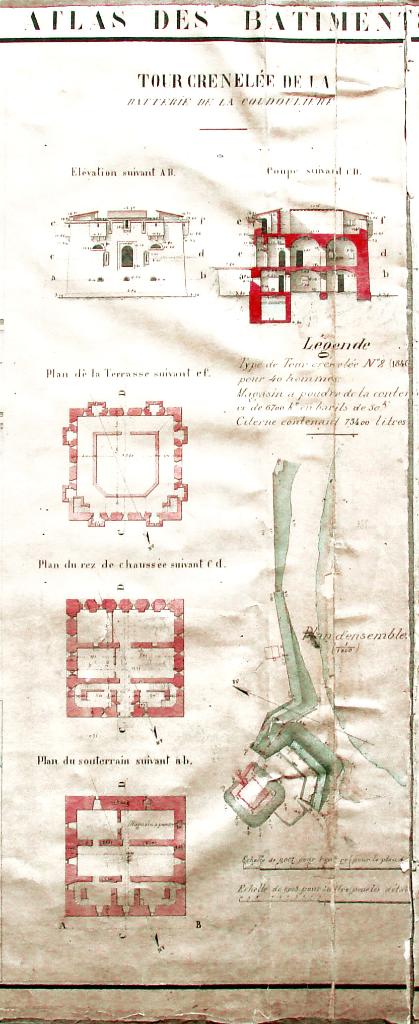 Atlas des bâtiments militaires n° 102, batteries du Lazaret, de la Coudoulière, du Puits et de Faubrégas. 1875. Détail : tour crénelée de la batterie de la Coudoulière.