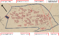 Carte 1. - Localisation des principales activités administratives et économiques à l’intérieur de l’ancien rempart, à partir du cadastre napoléonien (section Gu). 