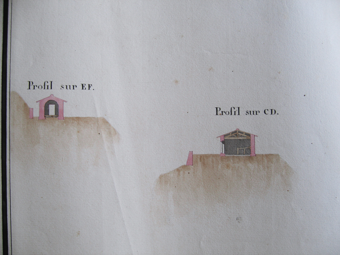 Plan et profils de la batterie du Jonquet, 1818. Détail : coupe du magasin et du corps de garde.