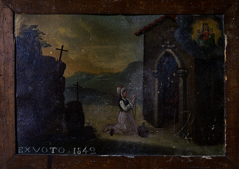 ex-voto, tableau : Femme en prière devant une chapelle