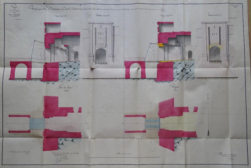 Plans coupes et élévation de la porte de secours du fort St Nicolas, pour refaire le pont-levis, projets pour 1847. 