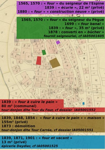 Bourg de Rosans. Localisation des fours à pain mentionnés par les archives (16e siècle au 19e siècle), reportés sur le cadastre de 1839 (section F1). Echelle d'origine 1/1 000e.