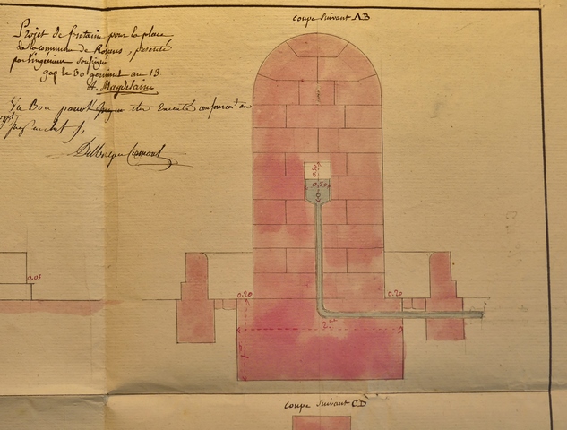 [Projet de fontaine, coupe de face, 1805.]