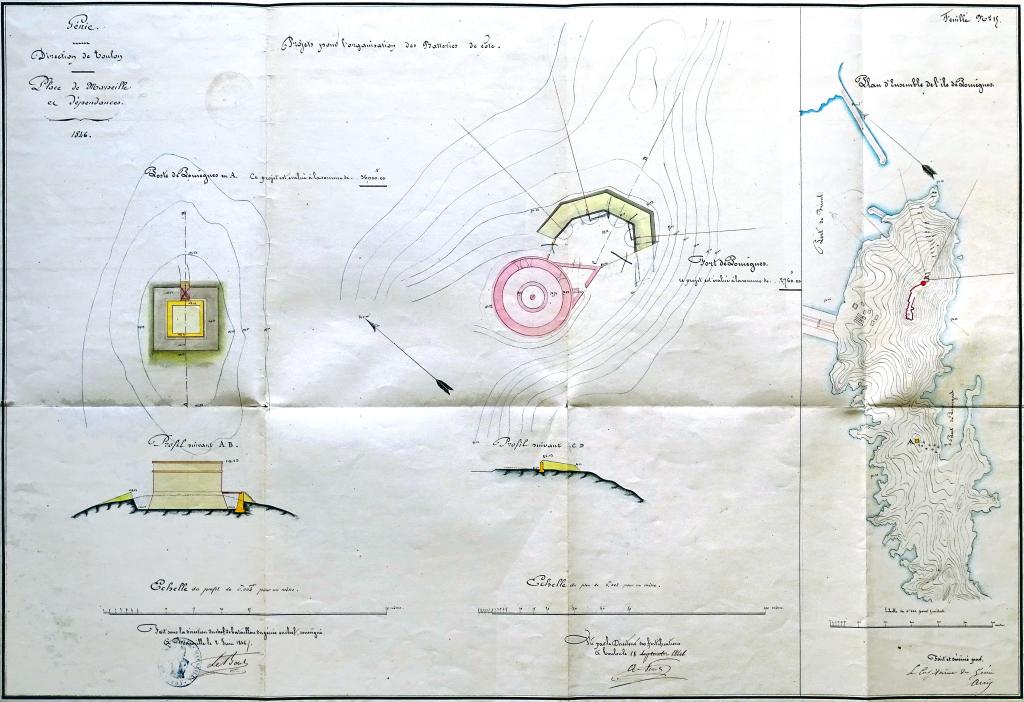 [Plans de projets pour la construction du poste de Pomègues et de la batterie du fort de Pomègues], 1846.