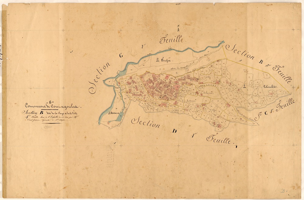 Plan de situation du village de Coursegoules d'après le cadastre de 1841 (section B).