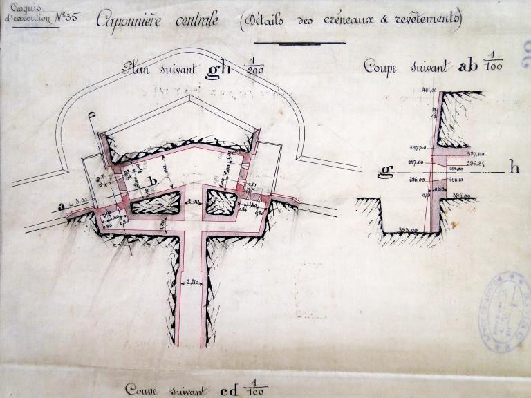 Croquis d'exécution n°35. Caponnière centrale. Détail des créneaux et revêtements. [Fort du Pipaudon. Plan d'exécution pour la double caponnière du front de tête (nord)], 1893.