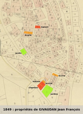 Propriétés de Jean-François Givaudan en 1849, d'après le plan cadastral de 1839, section F1. Echelle d'origine 1/1000e.