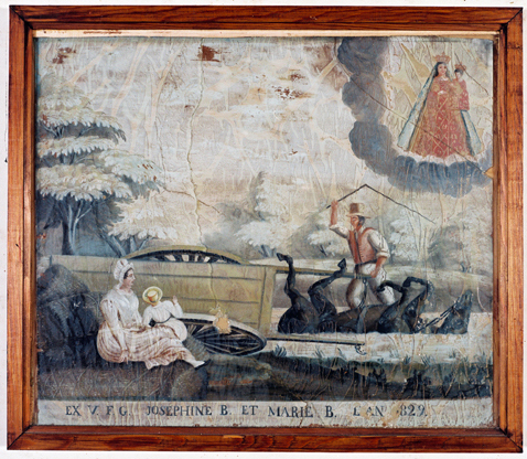 ex-voto, tableau : Charrette tombée dans une rivière, Joséphine et Marie B.