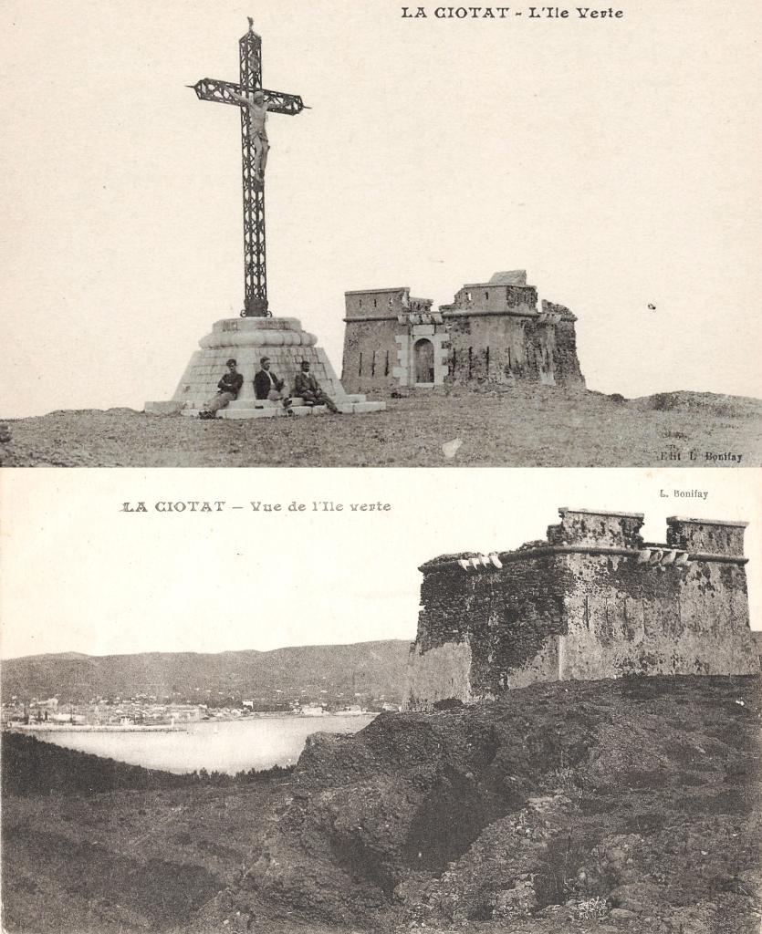 Montage photographique de deux cartes postales montrant l'ancienne tour-modèle de l'île Verte vers 1900-1910. 