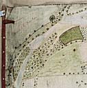 Ecart. Vue détaillée de Plan-de-Bourg, avec cabanes, vergers et potagers situés sur le terroir de la Porcelette.