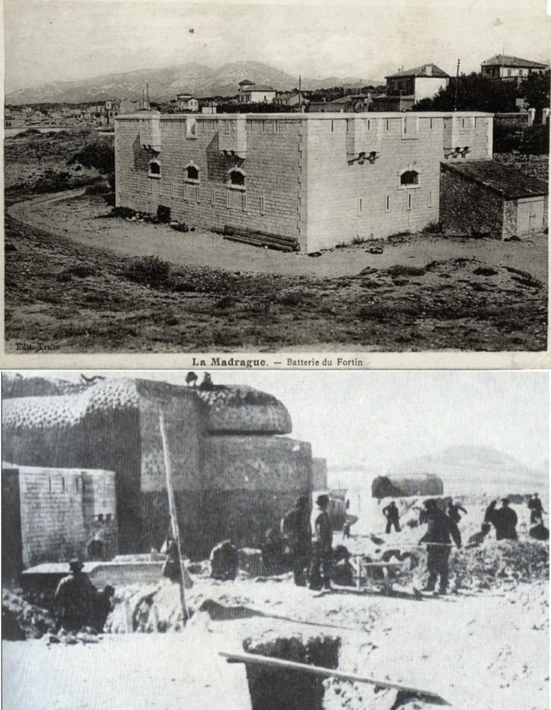 Montage photographique juxtaposant une vue de la batterie 1846 de Montredon et une photographie de 1944 montrant le poste de direction de tir en construction au-dessus du corps de garde.