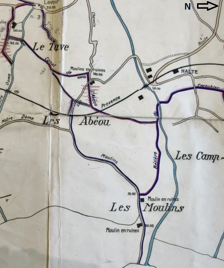 Plan général des canaux d’irrigation de la commune de Gattières centré sur le canal de l'Abéou, 1931. 