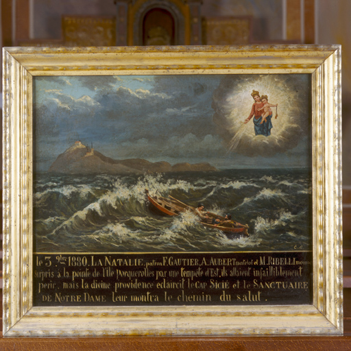tableau, ex-voto de F. Gautier, A. Aubert et M. Ribelli à la divine providence : Intervention de la Vierge pour apaiser une tempête