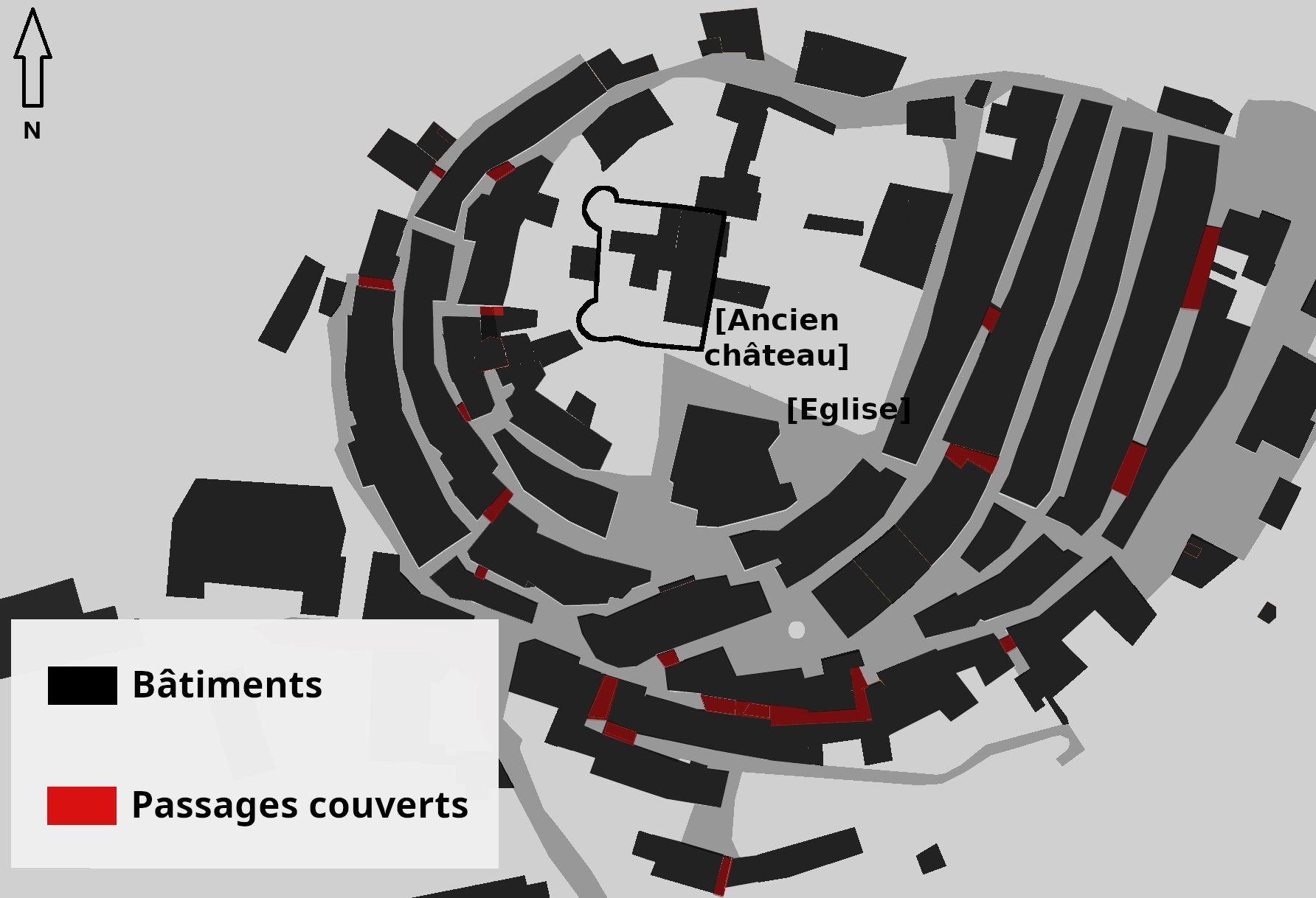 Village de Gattières. Localisation des passages couverts. 