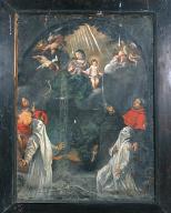tableau (tableau d'autel) : la Vierge et l'Enfant remettent une discipline à 2 pénitents blancs