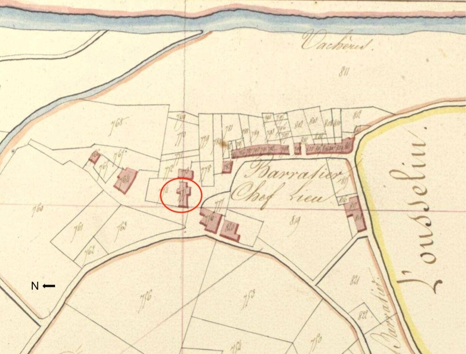 Plan de masse et de situation d'après le cadastre de 1812 (section A, parcelle 775). Echelle d'origine 1/2500.