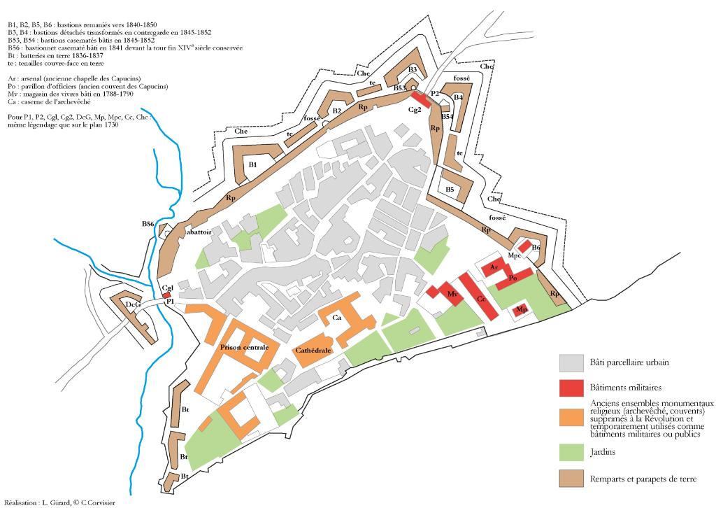 Embrun, plan interprétatif de la place forte vers 1860, mis à l'échelle sur fond de plan géométrique actuel, 2021.