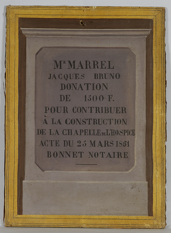 Tableau (donatif) N°64 : don de Jacques Bruni Marrel pour la construction de la chapelle de l'hospice de charité, 1851. 