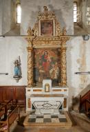 Ensemble de l'autel secondaire de la Vierge : degré d'autel, autel, tabernacle, gradins d'autel, retable, lunette du retable et tableau d'autel