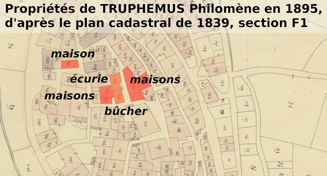 Propriétés de Philomène Truphèmus en 1895, reportées sur le cadastre de 1839 (section F1). Echelle d'origine 1/1 000e.