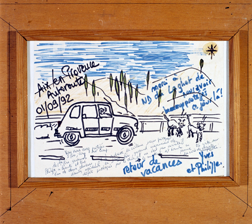 ex-voto, tableau : Voiture automobile sur le point de percuter un chien
