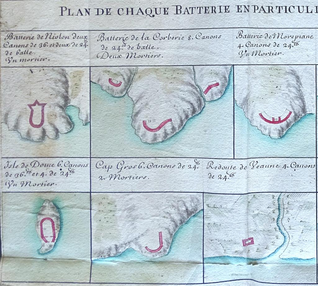 La Rade de Marseille avec les batteries de canons et mortiers pour inquiéter le bombardement, 1695. Détail.