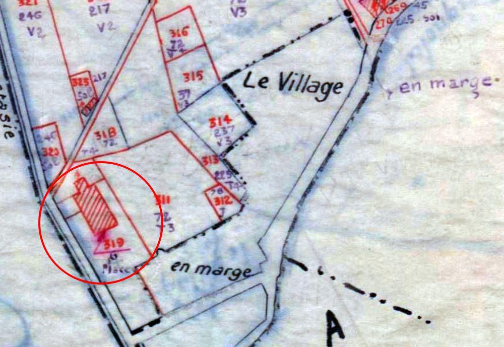 Plan de masse et de situation de l'actuelle église paroissiale d'après le cadastre de 1931-1932 (section D3, parcelle 319).