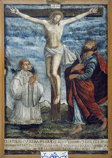 tableau (tableau d'autel) : Christ en croix entre saint Barthélémy et un saint diacre