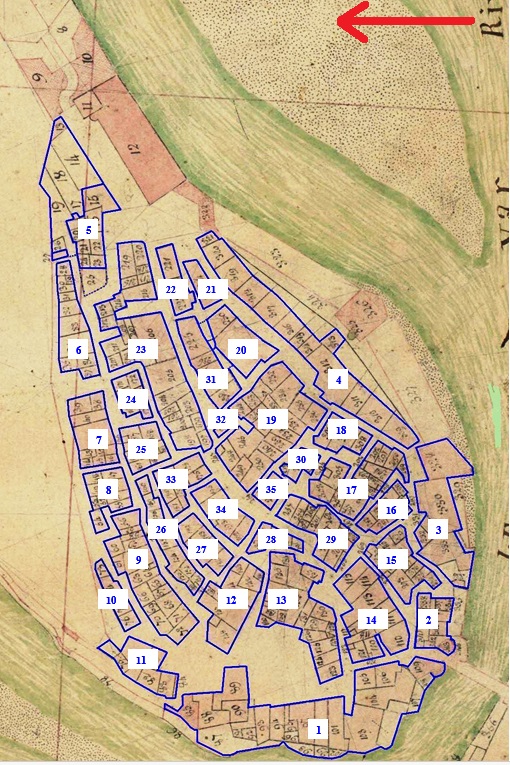 Répartition des îlots dans le bourg d'Entrevaux (d'après le plan figuré du cadastre de 1816).