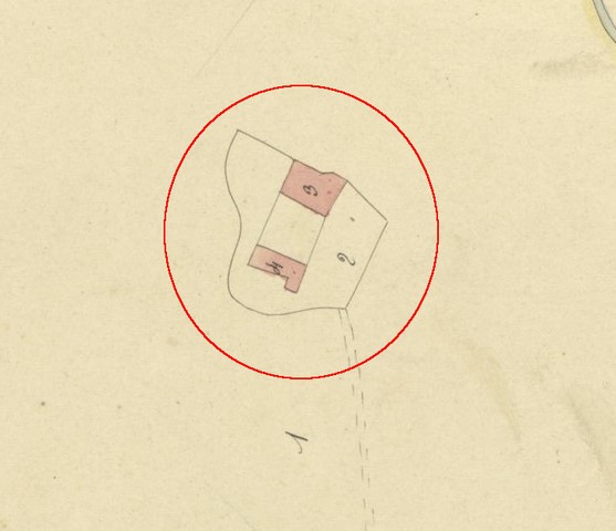 Plan de masse d'après le plan cadastral de 1839, section G7. Echelle d'origine 1/2000e.