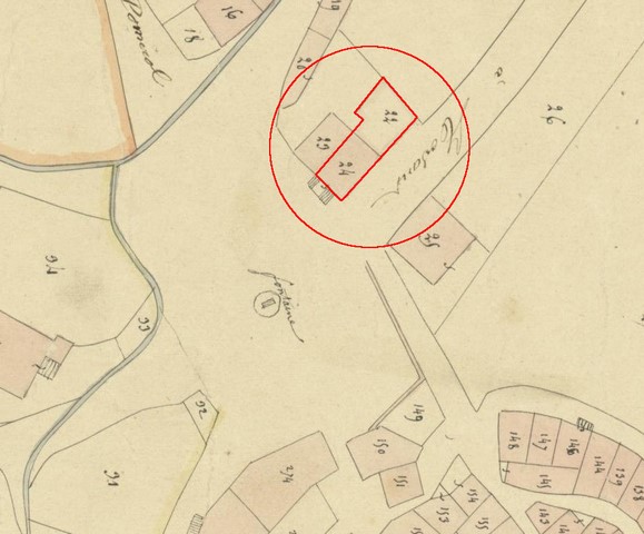 Plan de masse, d'après le cadastre de 1839 (section F1). Echelle d'origine 1/1 000e.