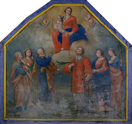 tableau (tableau d'autel) : remise du Rosaire à un groupe de saints