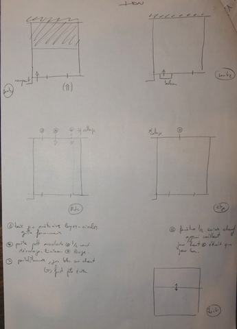 Plans schématiques du bâtiment. En haut : premier et second étage de soubassement. Au milieu : rez-de-chaussée surélevé, étage. En bas : toit.