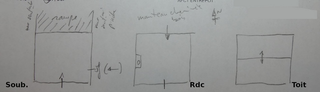 Plans schématiques du bâtiment. De gauche à droite : étage de soubassement, rez-de-chaussée surélevé, toit.