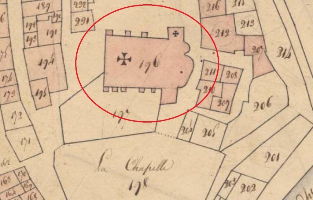 Plan de masse et de situation d'après le cadastre de 1823 (section Au, parcelle 196).