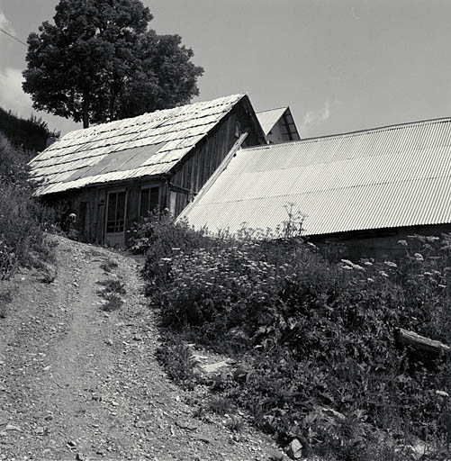 Les Veyers. Maison agrandie par un bâtiment d'exploitation en planches construit dans le prolongement du mur-pignon arrière.