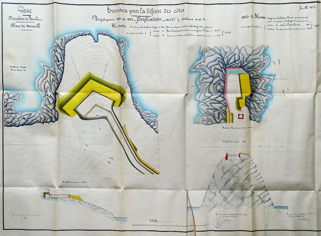 [Plan du projet d'organisation de la batterie haute sud-ouest et de construction de la batterie basse nord-est de l'île Verte pour 1851-1852],1850.