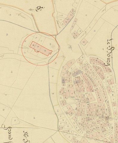 Plan de masse et de situation, d'après le cadastre de 1839 (sections F1 et F5). Echelle d'origine 1/1 000e.