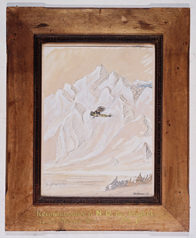 ex-voto, tableau : Avion volant dans une chaîne de montagnes