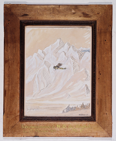 ex-voto, tableau : Avion volant dans une chaîne de montagnes