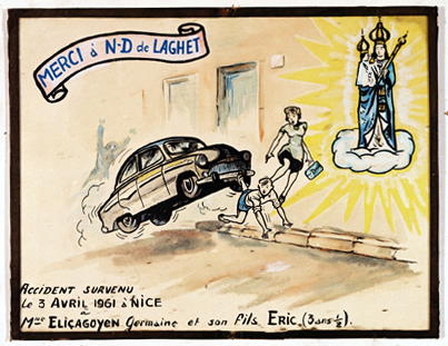 ex-voto, tableau : Femme et enfant renversés par une voiture automobile sur le trottoir, Germaine et Eric Elicagoyen