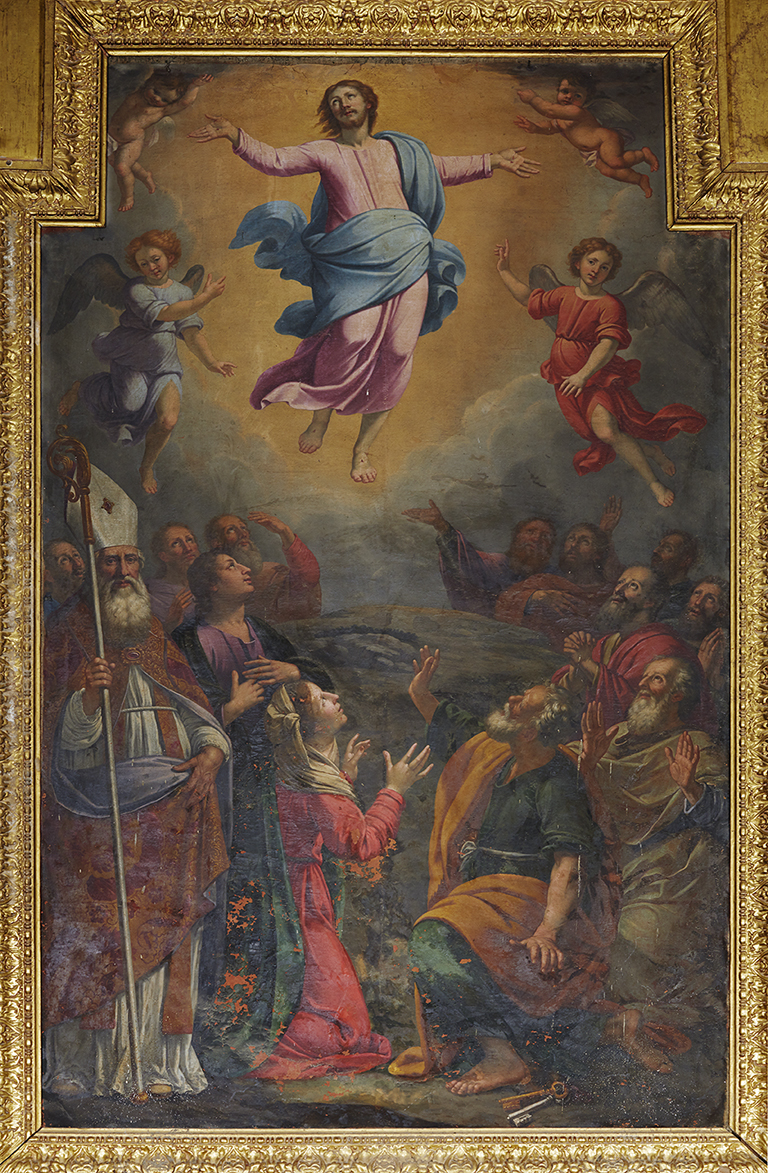 Tableau d'autel, cadre : Ascension avec saint Pierre et saint Hilaire